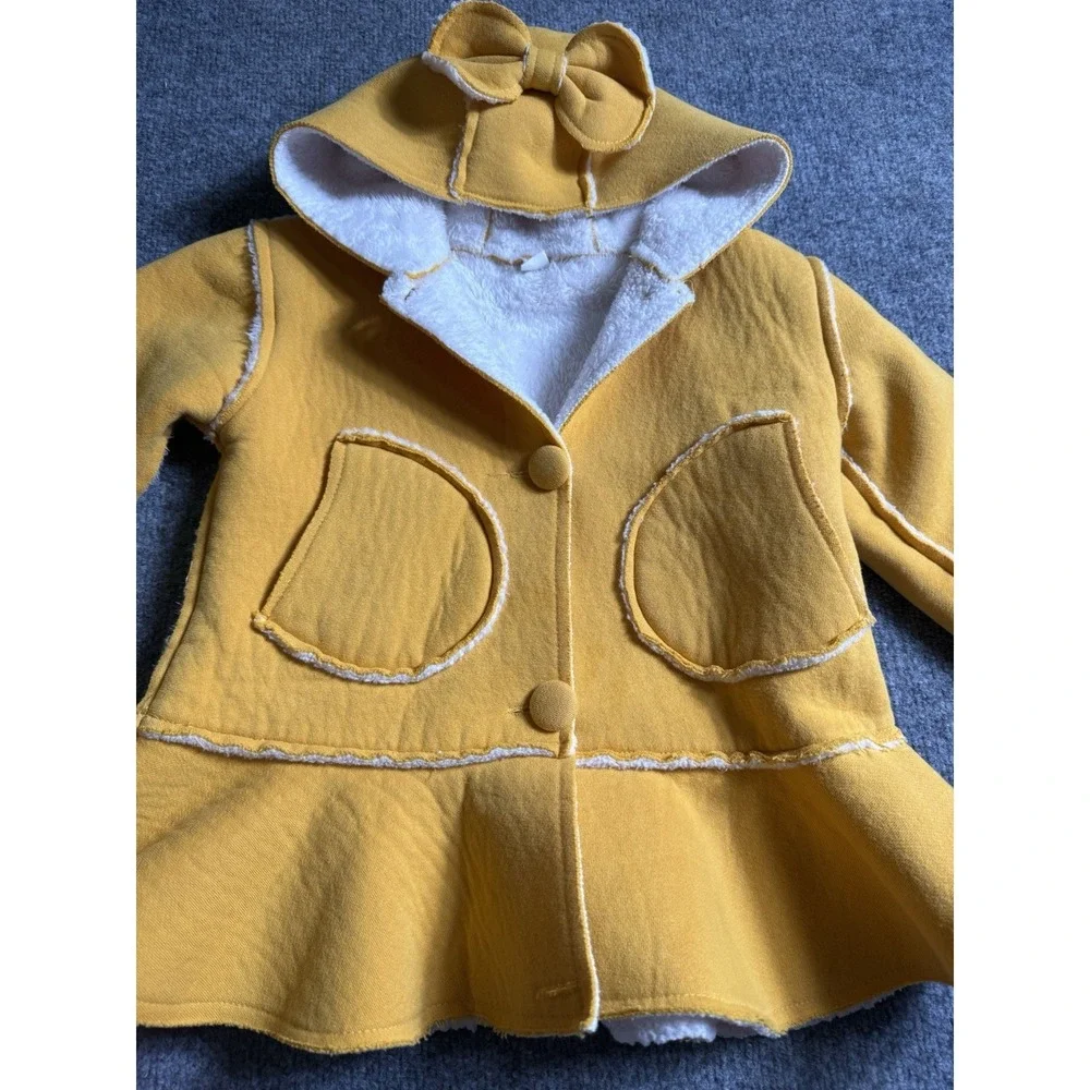 Mustard Yellow‎ Sherpa Lined Hooded Jacket Girls Peplum Coat with Bow Detail